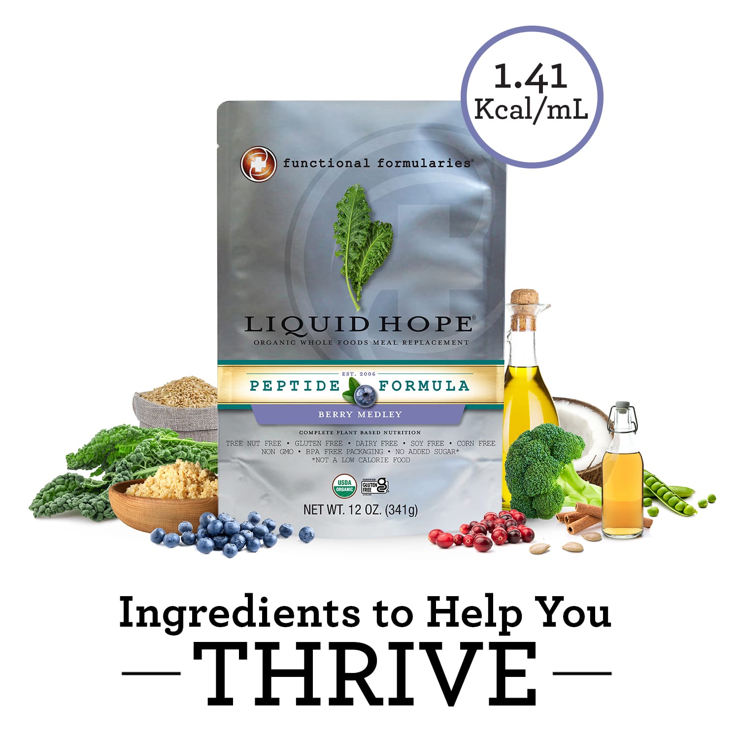 Liquid Hope peptide-formula pouch with a kale leaf, surrounded by grains, berries and vegetables; 'Ingredients to Help You Thrive' text below.