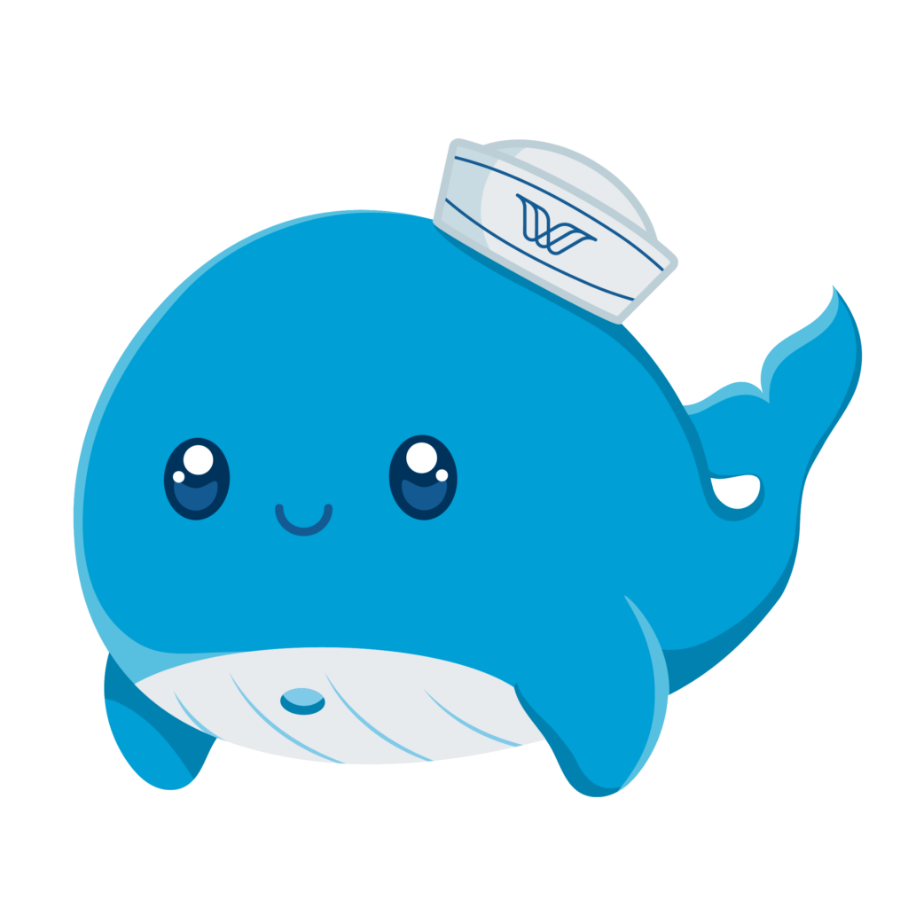 Cartoon blue whale with a small white sailboat resting on its head, smiling playfully.