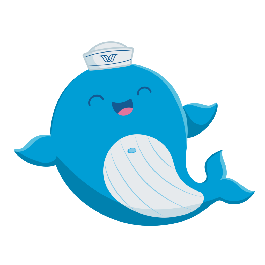 Smiling blue whale wearing a white sailor hat, peeking over a blue wave.